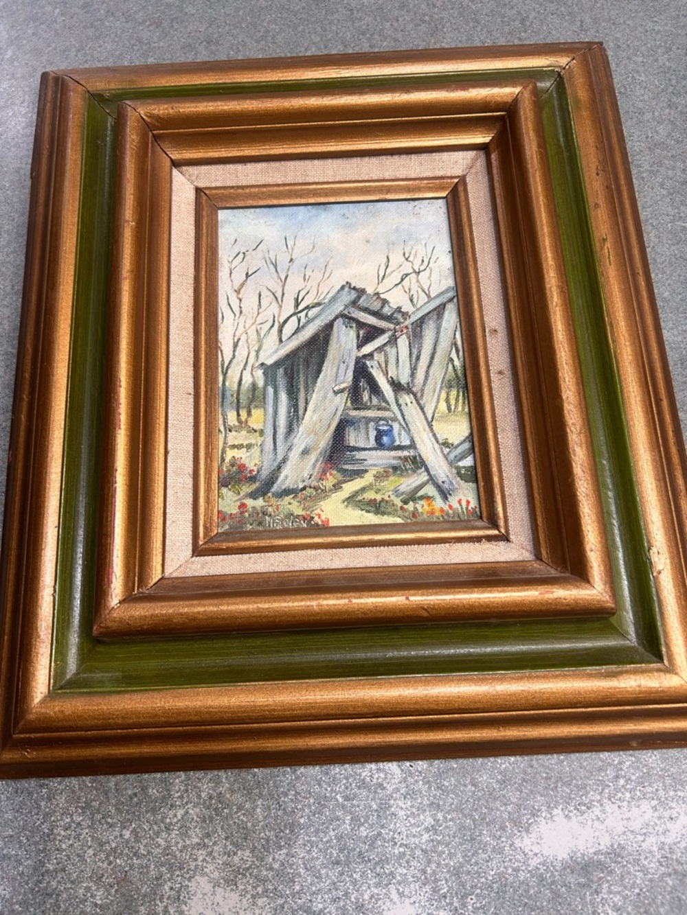 Vintage signed framed oil painting heavy wood frame cabin/ gallery wall